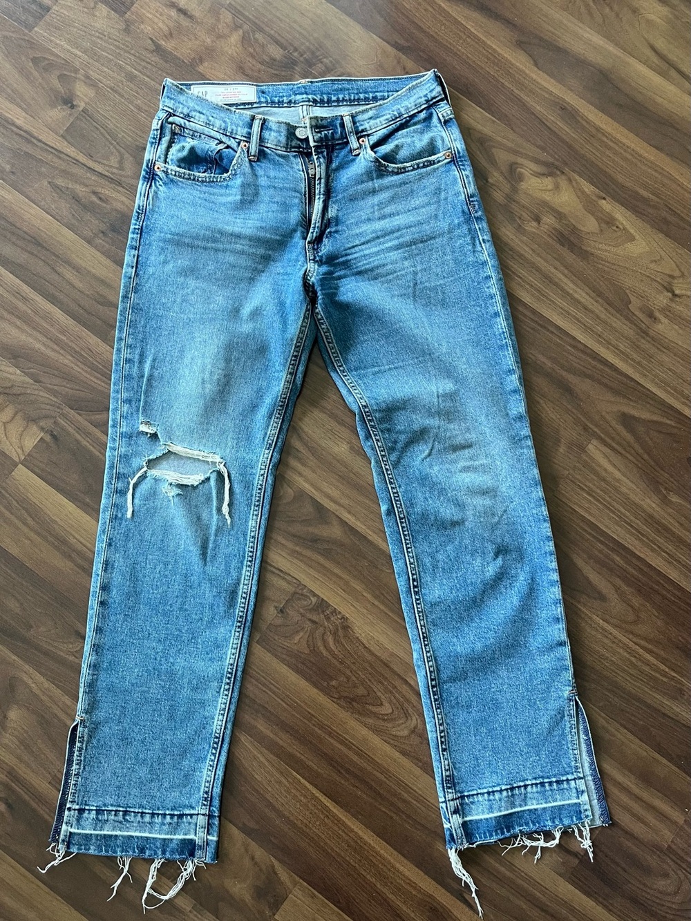 GAP Women's Blue Straight Jeans with Distressed Knee